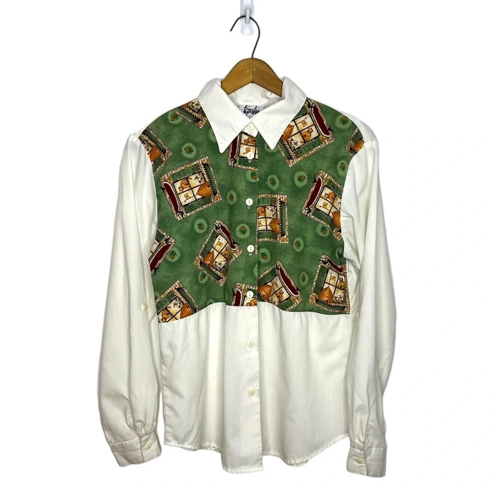 90s Vintage Tapestry Novelty Cat Lover Print Button Up Collard Long Sleeve Shirt